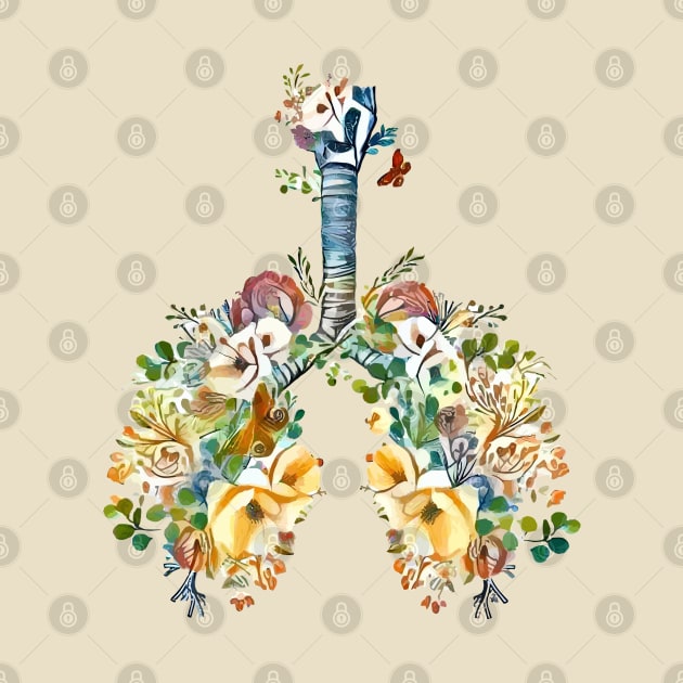 Lungs with wild flowers watercolor shades of jellow, green and sand by Collagedream