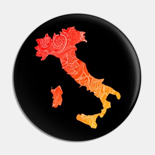 Colorful mandala art map of Italy with text in red and orange Pin