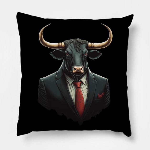 Taurus Bull in Black Suit ready for Business Pillow by RailoImage