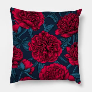 Night peony garden in red and blue Pillow