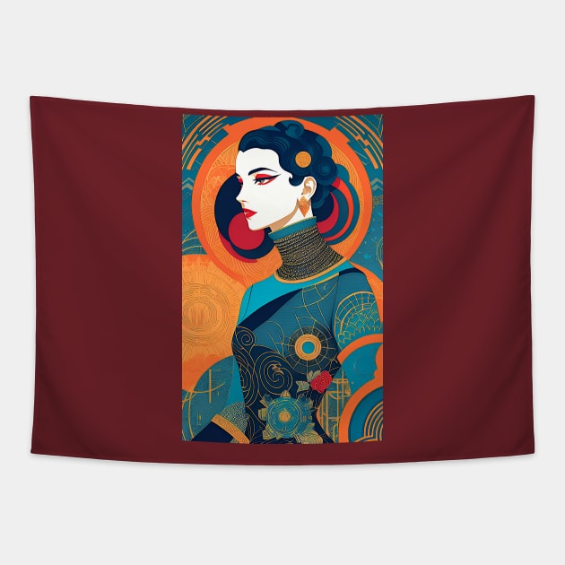 Art Deco Woman White Face with Circles Tapestry by ArtBeatsGallery