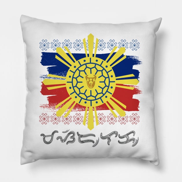 Philippine Flag/Sun / Baybayin word Masidlak (Mandirigmang Sibol ng Dakilang lahing Kayumanggi) Pillow by Pirma Pinas