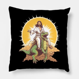 Jesus Riding a Dinosaur Funny Meme Pillow