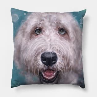 Painting of an Old English Sheep Dog on Blue Background Pillow