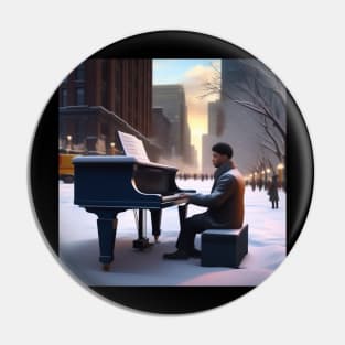 A Pianist Performing On The Streets Of Chicago USA In Winter Pin