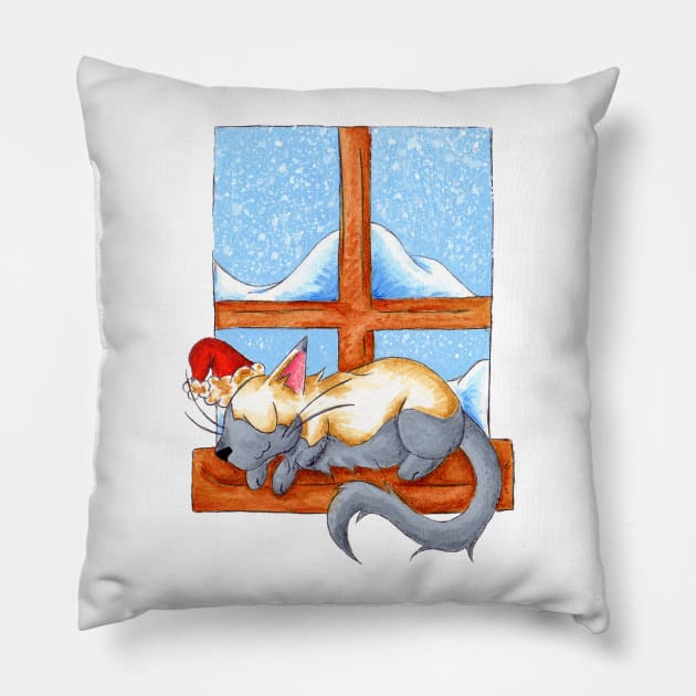 Christmas Catnap Pillow by KristenOKeefeArt