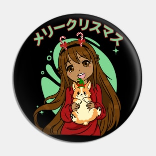 Kawaii Anime Black Girl And Corgi Christmas Pin