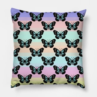 Tiny Black and Blue Butterflies pattern on pastel color background Pillow