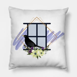 crow on window of flower Pillow