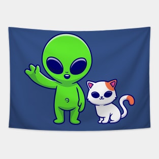 Cute Alien with Cat Cartoon Tapestry