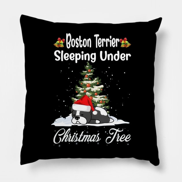 Boston Terrier Sleeping Under Christmas Tree Funny Xmas Pillow by PlumleelaurineArt