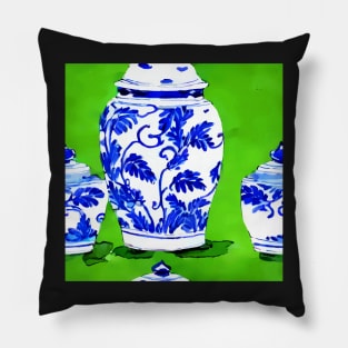 Chinoiserie jars on green Pillow