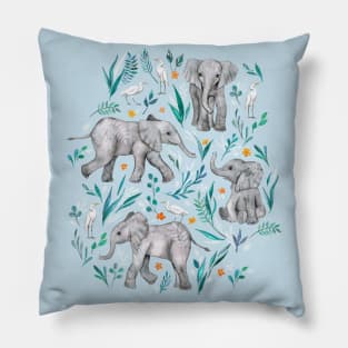 Baby Elephants and Egrets in Watercolor - egg shell blue Pillow