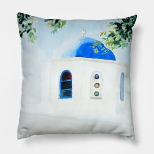 white and blue Santorini church Pillow