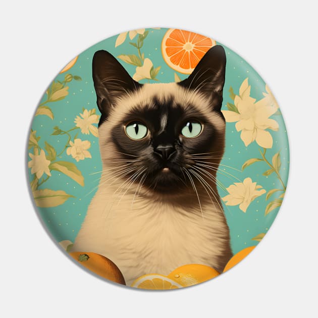 Retro Kitsch Siamese Cat and Citrus Fruit Collage Pin by KittyStampedeCo