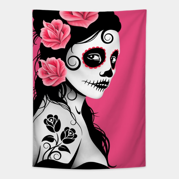 Pink Day of the Dead Sugar Skull Girl Tapestry by jeffbartels