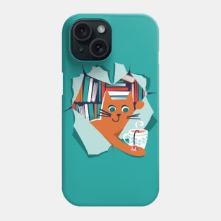 Bookish cat // orange tabby cat with tea mug teal neon red white and flesh coral books Phone Case