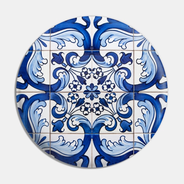 Antique Classic Lisbon Blue Azulejo Tile Floral Pattern Pin by ernstc