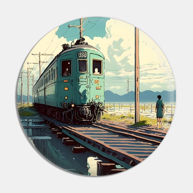 Retro Anime Style Night View Old Japanese Train Pin by KaPrints
