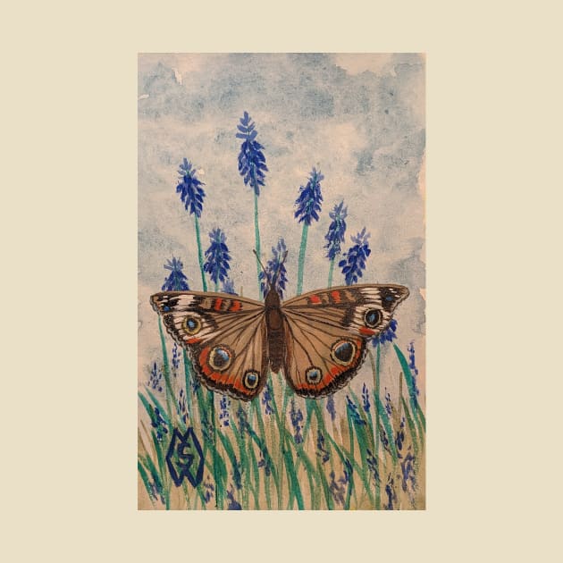 Buckeye butterfly in the grape hyacinth flowers by Matt Starr Fine Art