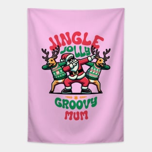 Mum - Holly Jingle Jolly Groovy Santa and Reindeers in Ugly Sweater Dabbing Dancing. Personalized Christmas Tapestry