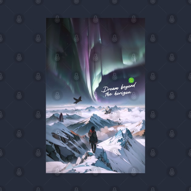 Tranquil Landscape: Aurora Borealis & Birds Flying High on top of Iced Mountains by Dudu