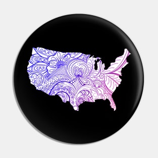 Colorful mandala art map of the United States of America in blue and violet on white background Pin