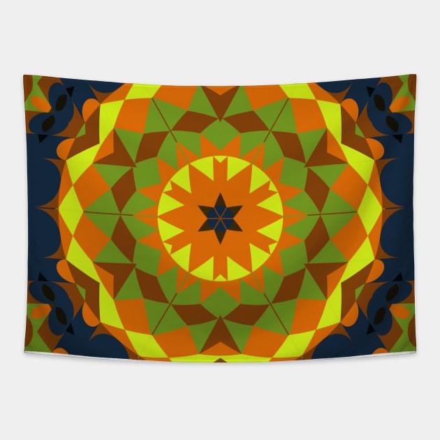 Retro Mandala Flower Orange Yellow Green and Blue Tapestry by WormholeOrbital