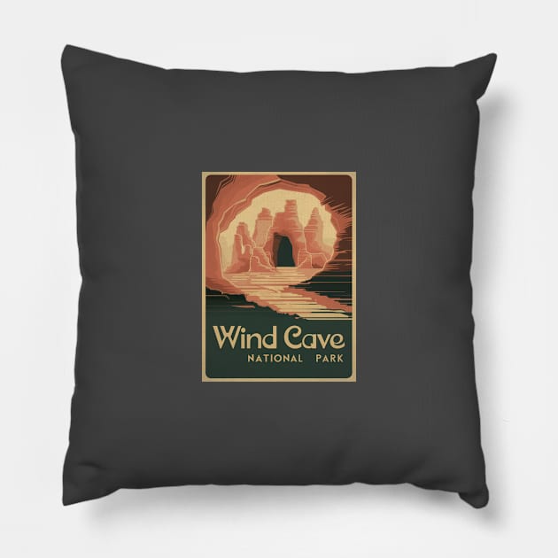 Retro Poster of Wind Cave National Park Pillow by Perspektiva