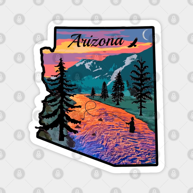 Fly Fishing Arizona State Map Mountain Sunset River Retro Magnet by TeeCreations