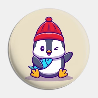 Cute Penguin With Fish Pin