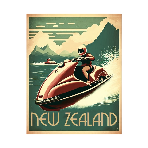 New Zealand Jet Ski Vintage Travel Art Poster by OldTravelArt