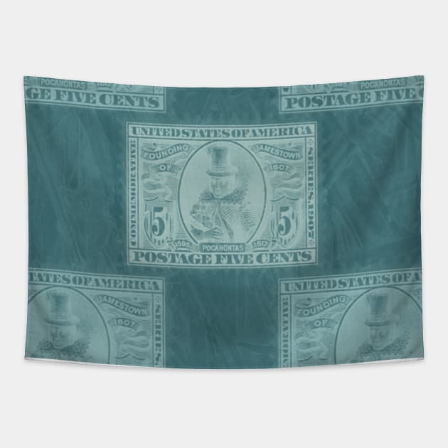 Old postage stamp US 5 cent distressed pattern blue green Tapestry by artsytee