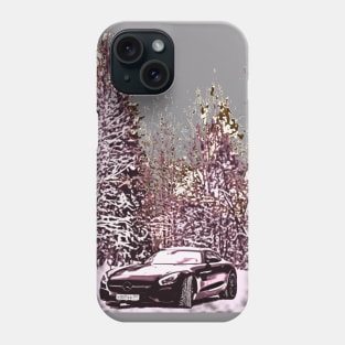 The car is covered in snow against a backdrop of cypress trees Phone Case