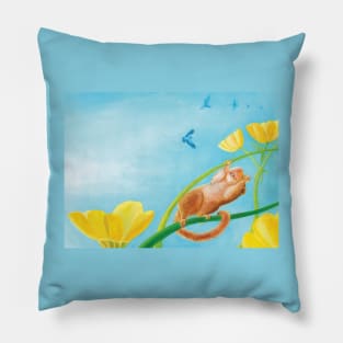 Hazel Dormouse Looking at the Birds in the Sky Illustration Pillow