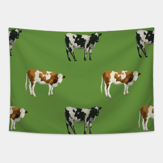 Brush Painted Cow Pattern On Green Tapestry by okpinsArtDesign