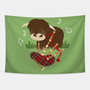 Highland Cattle Play Bagpipes - black Tapestry