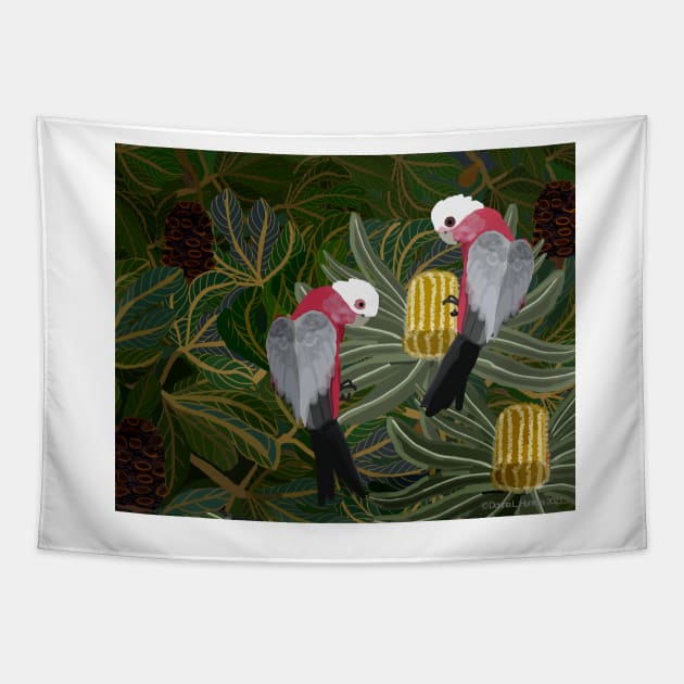 Galahs with Golden Banksias and Seed Pods Tapestry by Donnahuntriss