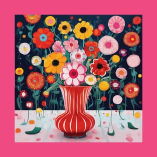 Still Life After Kusama with Flowers in a Red Vase with White Stripes T-Shirt