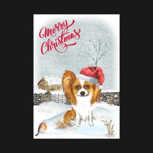 Cute Papillon Merry Christmas Santa Dog T-Shirt