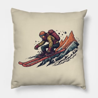 skier in Retro Sci-Fi Art style Pillow