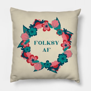 Folksy AF, norwegian folk flowers pink and blue Pillow