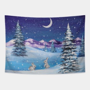 snowy mountain pine tree snow night scenery winter bunny Tapestry