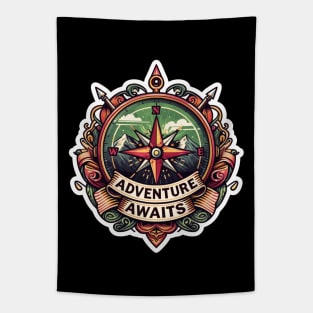 Retro Vintage Travel slogan  - Adventure Awaits Compass Tapestry