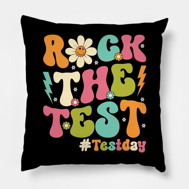 Groovy Rock The Test Motivational Retro Teachers Testing Day Pillow by Winter Magical Forest