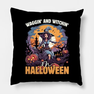 Waggin' & Witchin' Dog on Halloween Pillow