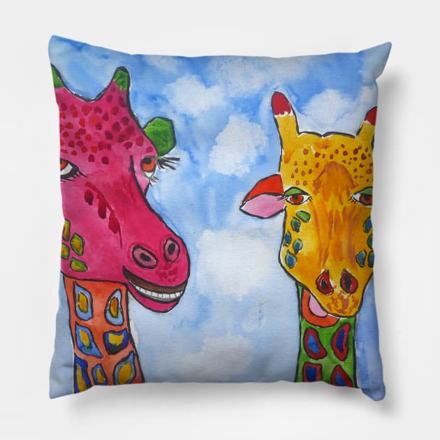Quirky, Colourful Giraffes Pillow by Casimirasquirkyart