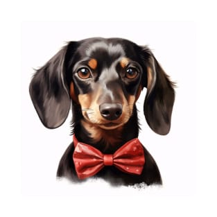 Cute Adorable Dachshund Puppy Dog Wearing a Red Bow Tie T-Shirt