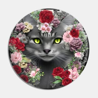 Beautiful Floral Gray Cat Pin