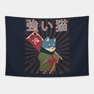 Warrior japanese cat, kawaii with flag Tapestry